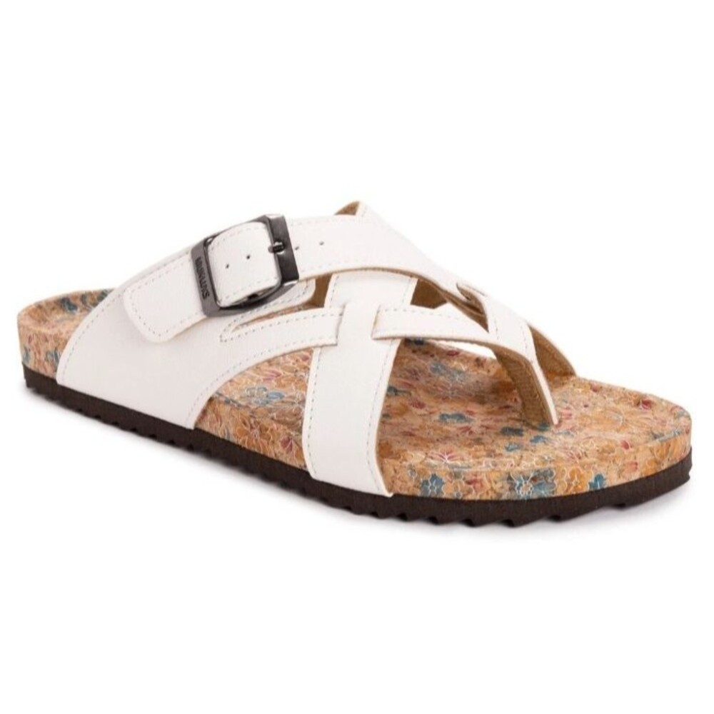 MUK LUKS Women's Shayna Terra Turf White Sandal 8 Buckle Thong Strappy Comfort